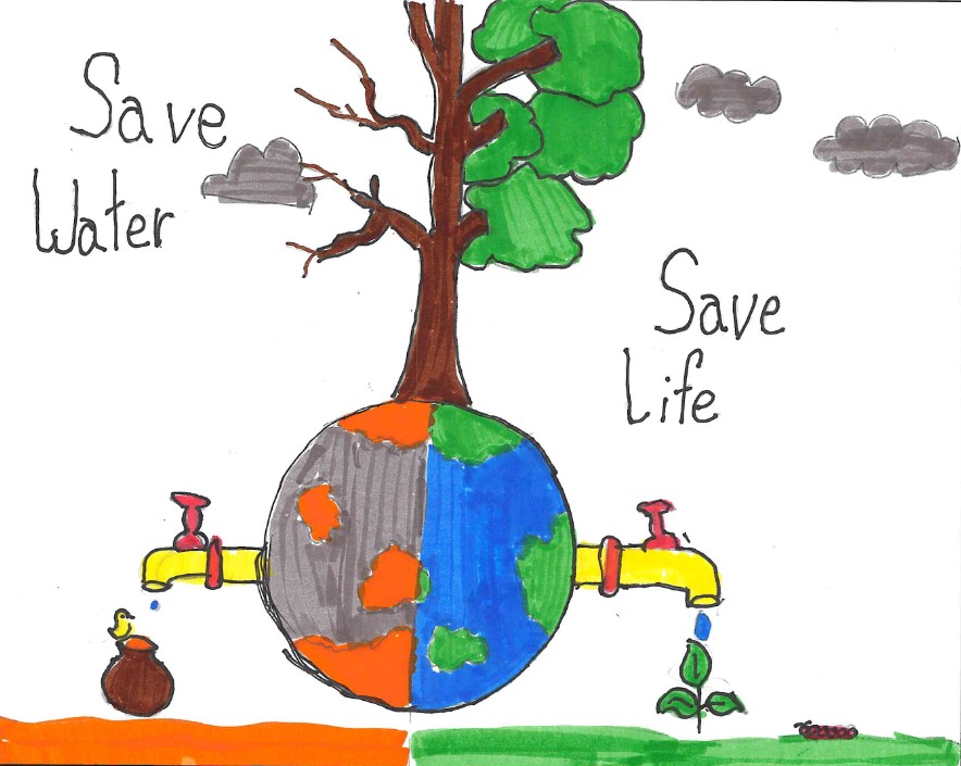 Olivia's 1st place drawing of half dry Earth with words "Save Water", half lush Earth with words "Save Life"