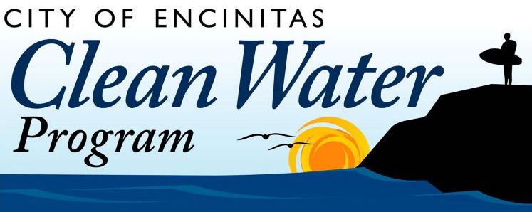 Clean Water Program Logo says City of Encinitas Clean Water Program wording with an illustration of the sea and a cliff and a surfer standing on the cliff with his surfboard