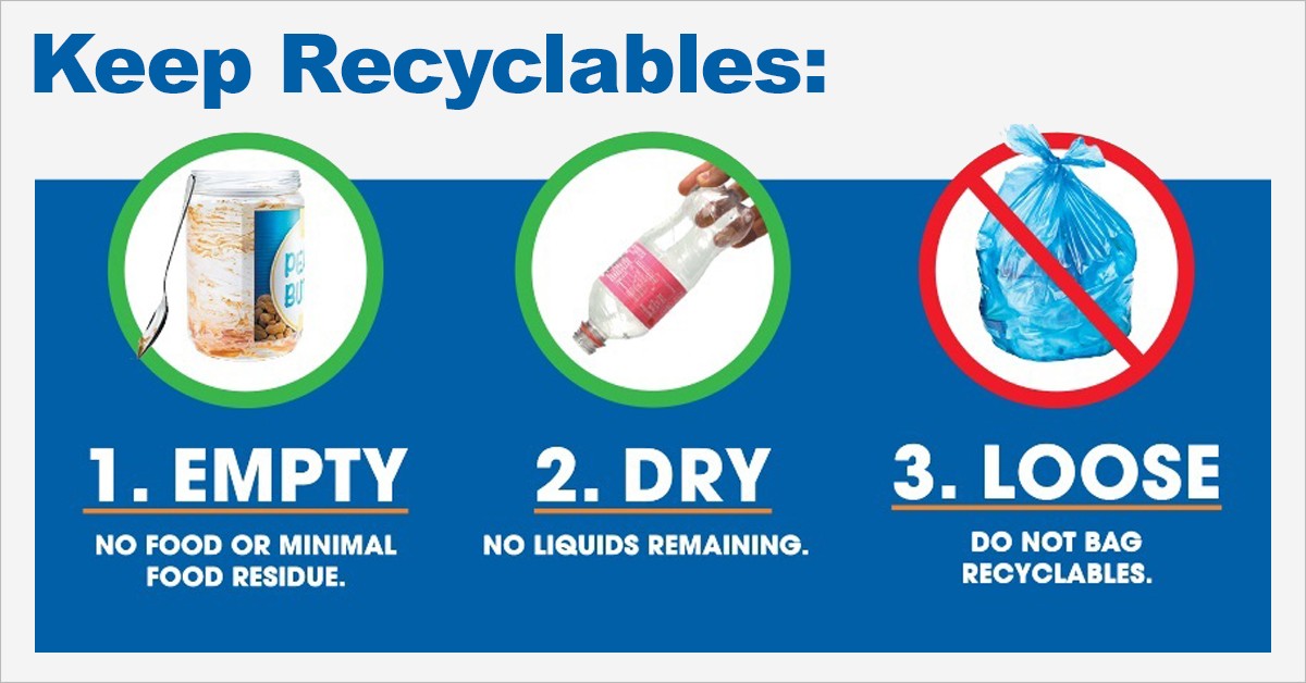 Keep recyclables 1. empty - no food or minimal food residue; 2. dry - no liquids remaining; and 3. loose - do not bag recyclables